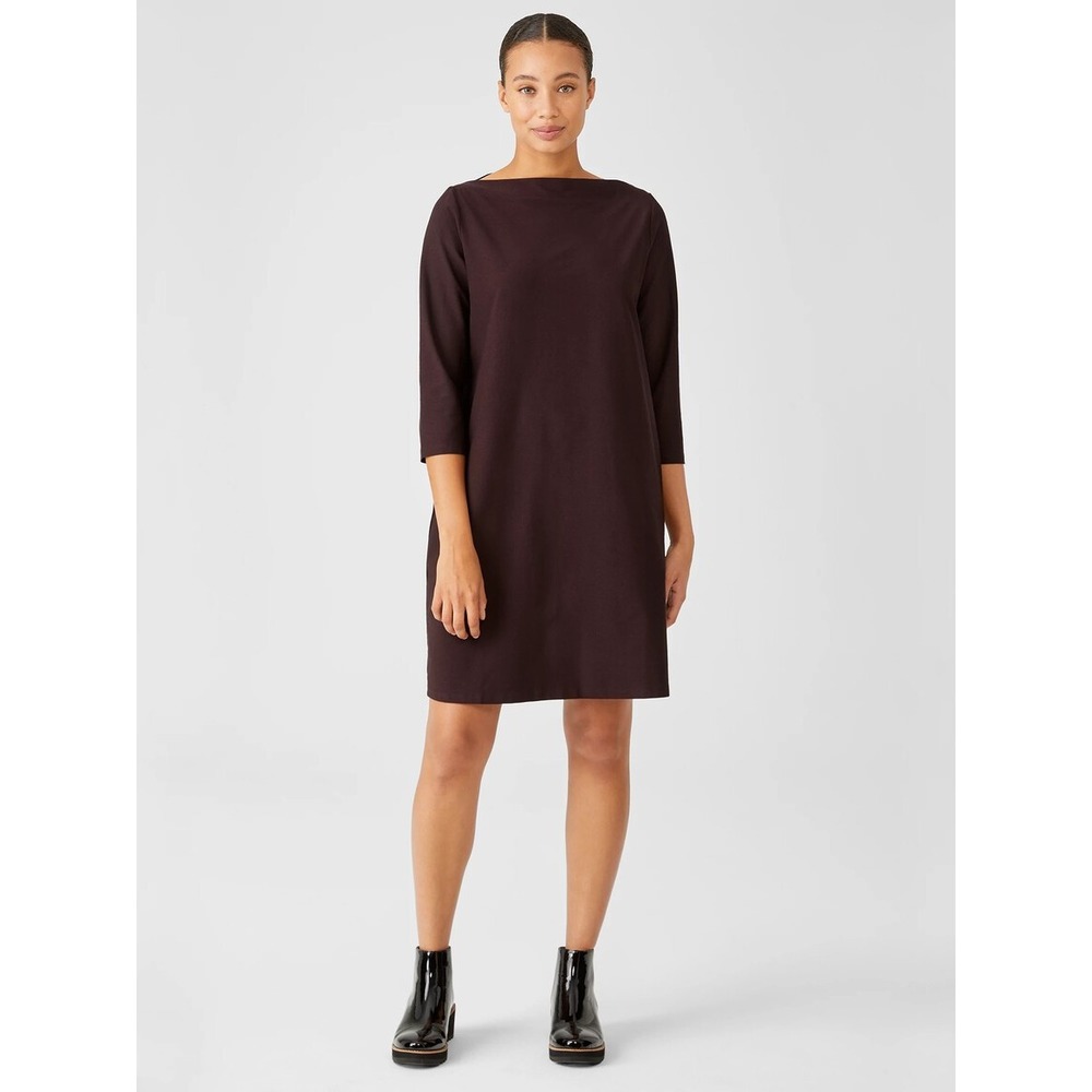 Eileen Fisher Washable Stretch Crepe Shift Dress Boat Neck 3/4 Sleeve Size M